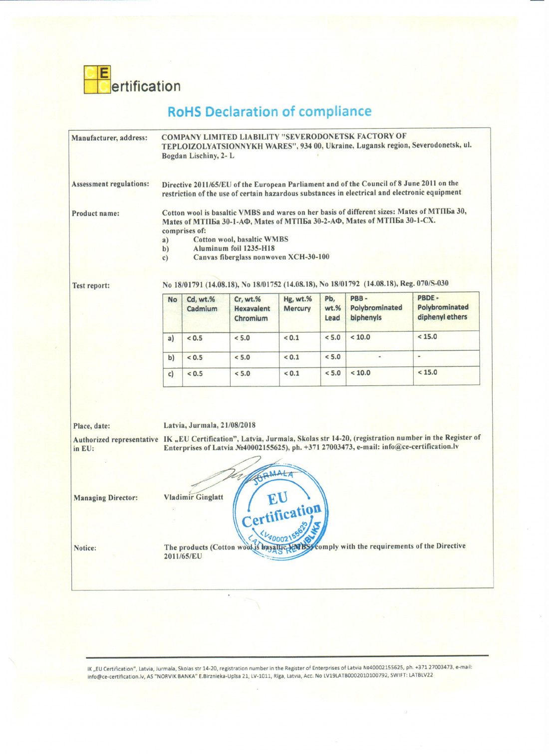 declaration of compliance RoHS